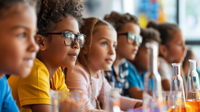 Focused elementary school students participating in a science experiment