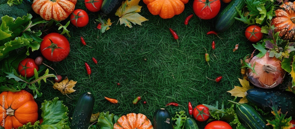 Poster autumn themed frame with fresh vegetables like tomatoes cucumbers and paprika on lush green grass id