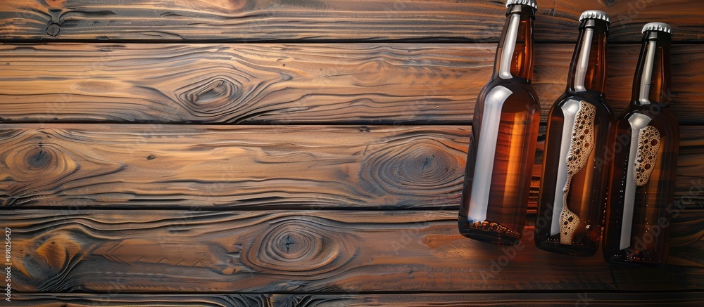 Poster Top view of beer bottles on a wooden table with selective focus creating a mock up with copy space for images a blank template is available