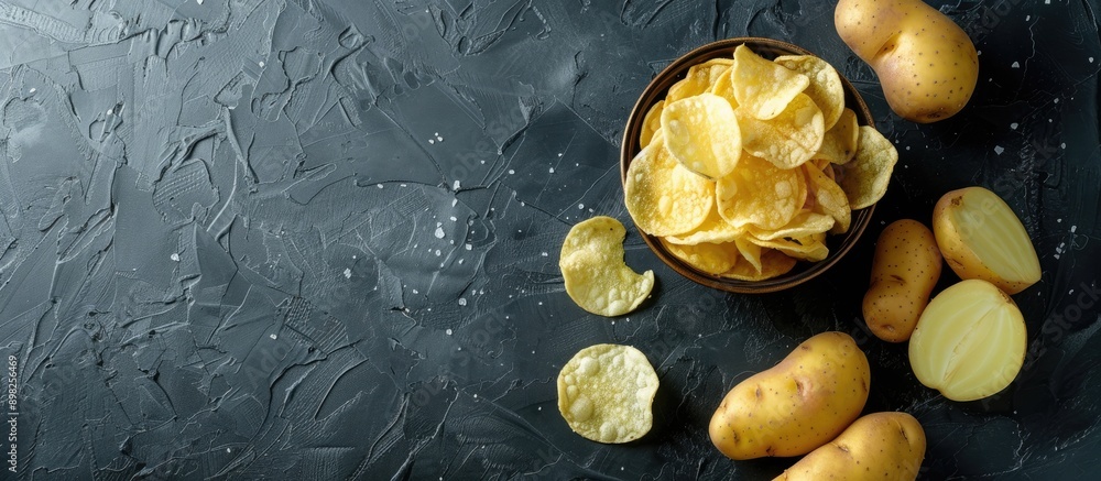 Poster an aerial view of a bowl of potato chips and raw potatoes placed on a black textured surface with co
