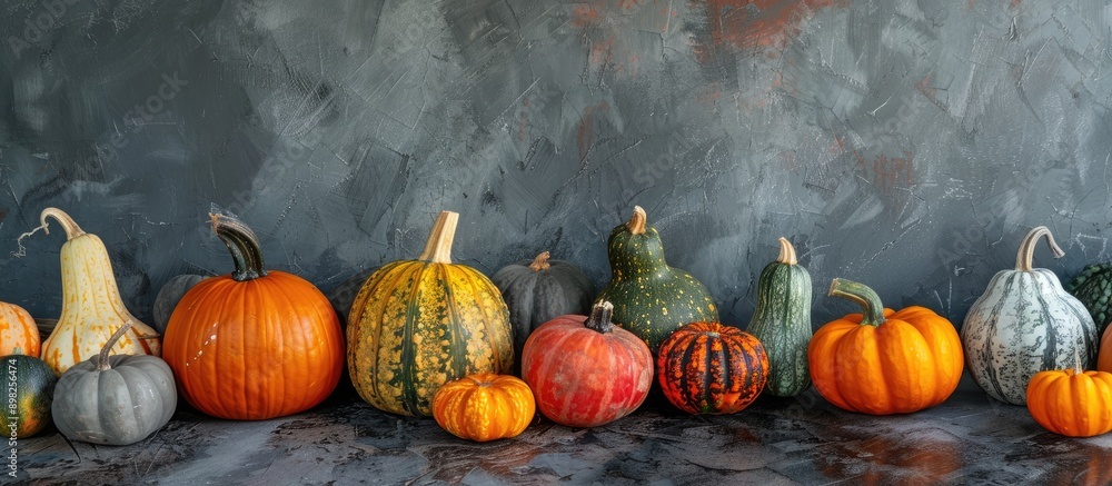 Poster Display of various pumpkins and gourds against a charcoal backdrop with space for text selective focus copy space image