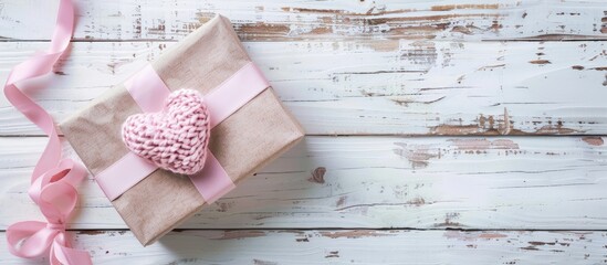A charming and romantic background featuring a delicate pink heart a ribbon and a gift box with a bow on a white wooden table with copy space image
