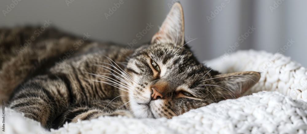 Poster a cat comfortably lounging in a cozy home with a blank space for an image. creative banner. copyspac