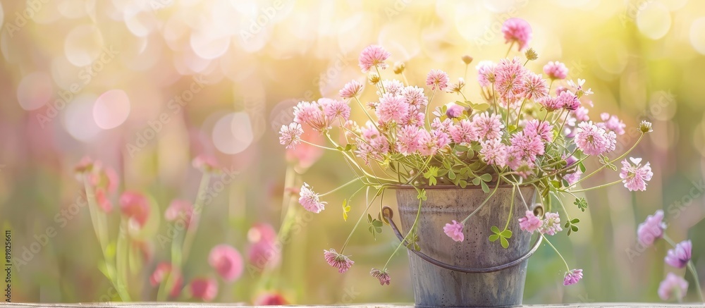 Poster copy space image clover wild flowers in a charming bucket against a soft background creating a lovel