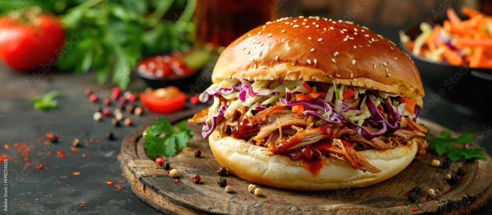 Poster Delicious gastro pub pulled pork bun with coleslaw perfect for any menu with copy space image