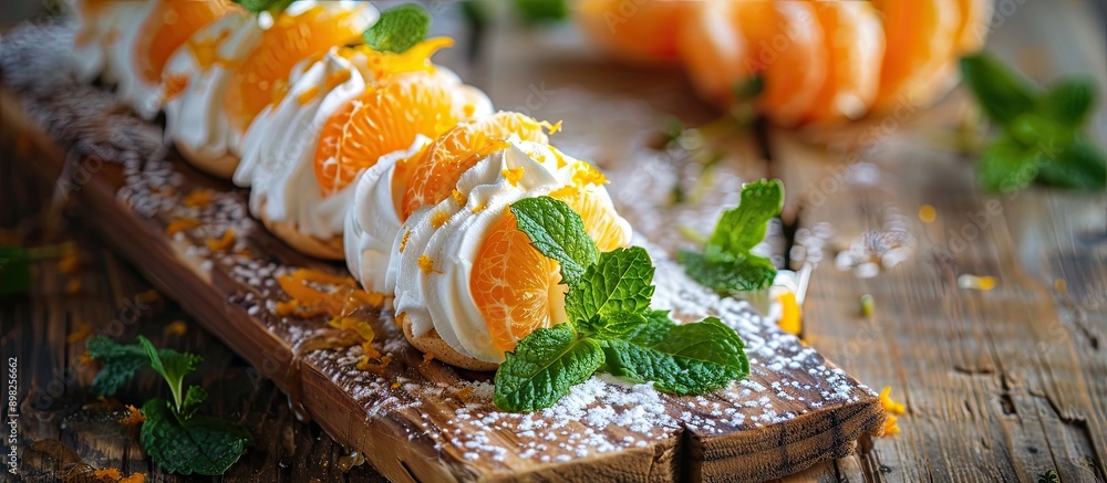 Poster Close up of a delicious meringue roll topped with jam tangerine slices and mint leaves on a rustic wooden surface ideal for a copy space image