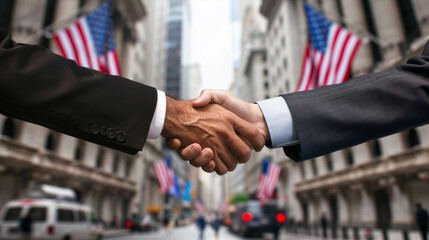 Two businessmen shake hands on wall street to seal a deal