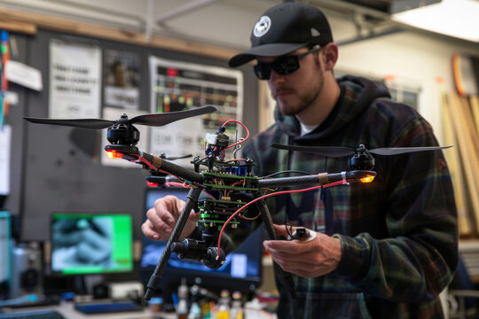 Young man working on a drone in a workshop - Powered by Adobe