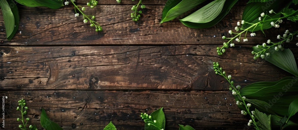 Aufkleber a charming image featuring lily of the valley with vibrant green leaves set on a rustic wooden backd