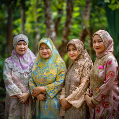 a group of mature women pose for a photo in front of trees