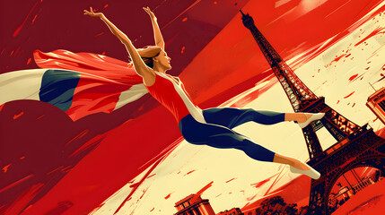 Artistic Gymnastics: An illustration of a gymnast performing a split leap with the French flag draped around their shoulders and the Eiffel Tower behind on a red background.


