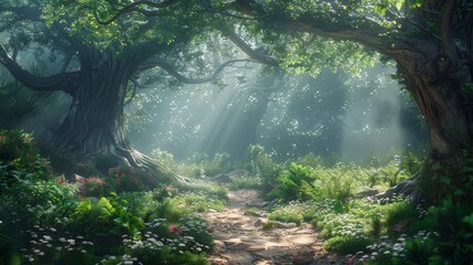  A painting of a forest path illuminated by sunbeams filtering through trees and adorned with flowers below