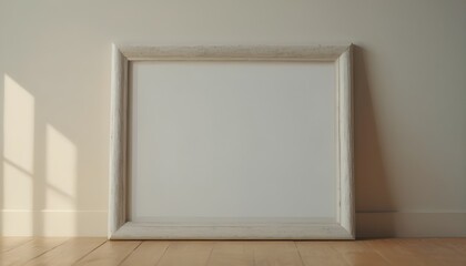 Blank White Picture Frame Mockup Leaning Against Wall with Sunlight Shadow, Minimalist Interior Decor