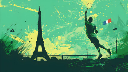 Badminton: An illustration of a player jumping to smash a shuttlecock, with the French flag on their uniform and the Eiffel Tower silhouetted on a green background.


