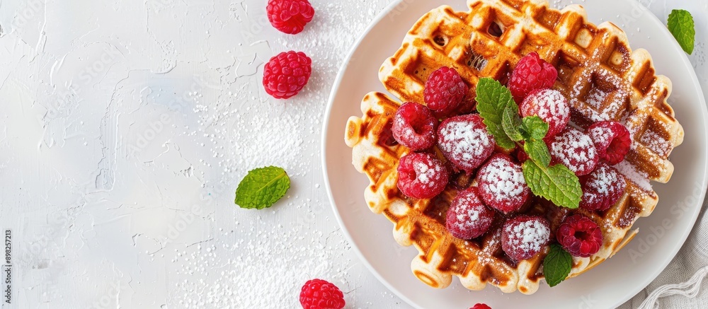 Fototapete a delicious belgian waffle topped with raspberries sugar and mint on a white table seen from above t