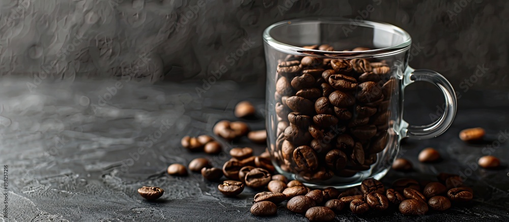 Poster coffee beans in a glass mug placed on a dark background illustrating a coffee house theme with a cop