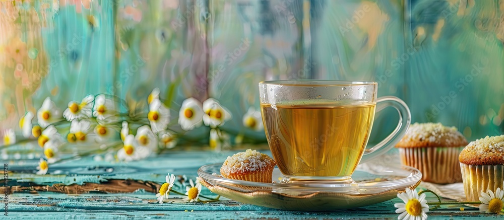 Poster Chamomile tea in a glass with chamomile flowers and muffins on colorful wooden backdrop ideal for adding text or design with copy space image