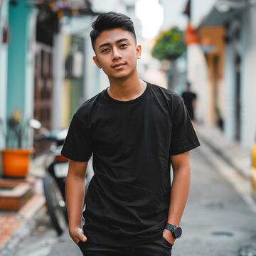 Front view young south east asian man wearing stylish black t shirt