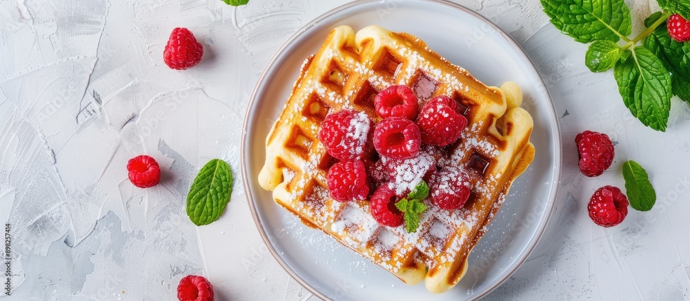 Fototapete a delicious belgian waffle topped with raspberries sugar and mint on a white table seen from above t
