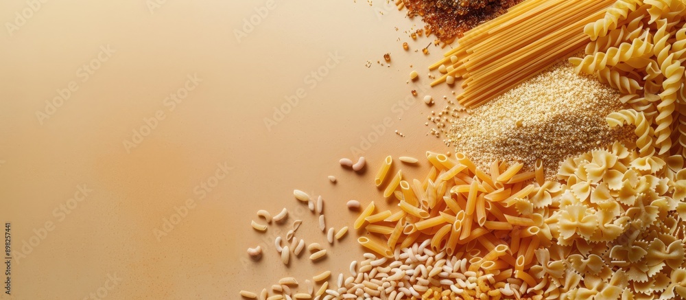 Poster top view of assorted dried pastas with copy space image available