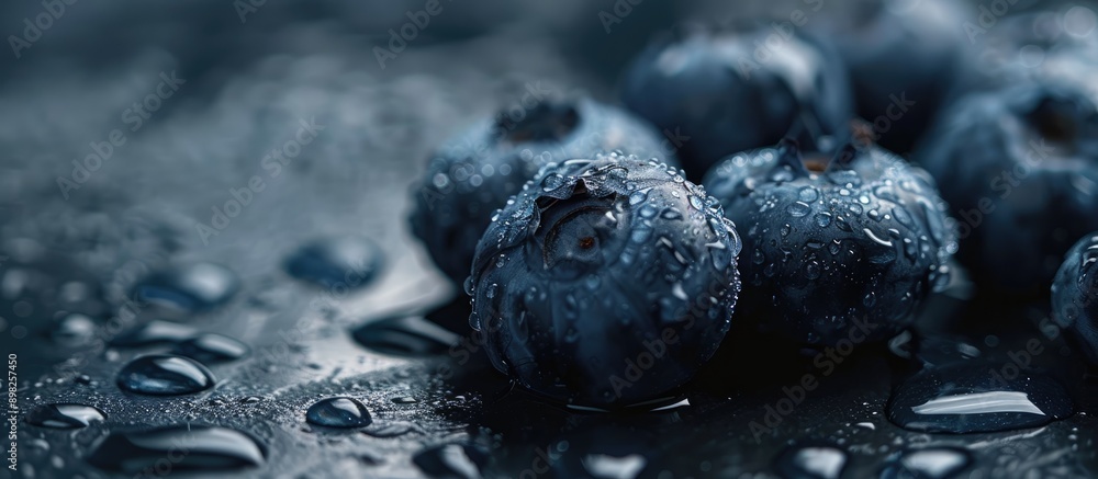 Poster close up photo of vibrant blueberries with space for text set in a moody food image. creative banner