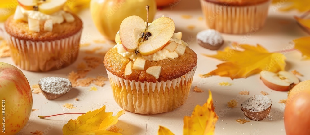 Poster a broken homemade apple cupcake with apple filling on a light background with yellow leaves evokes t