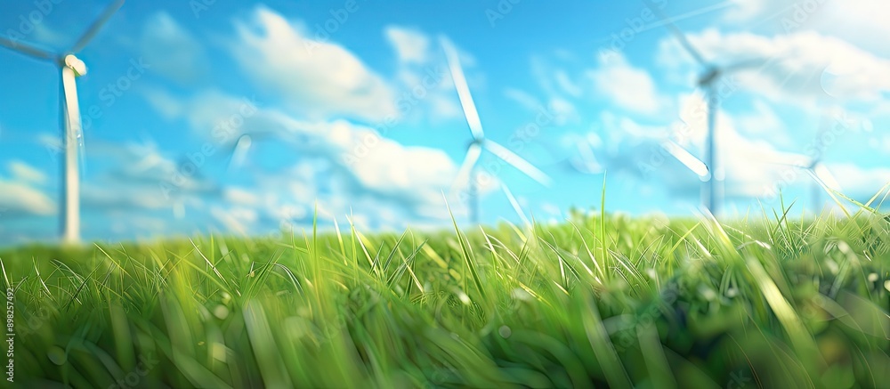 Sticker blurred wind turbines generating renewable energy on a meadow against a blue sky background creating