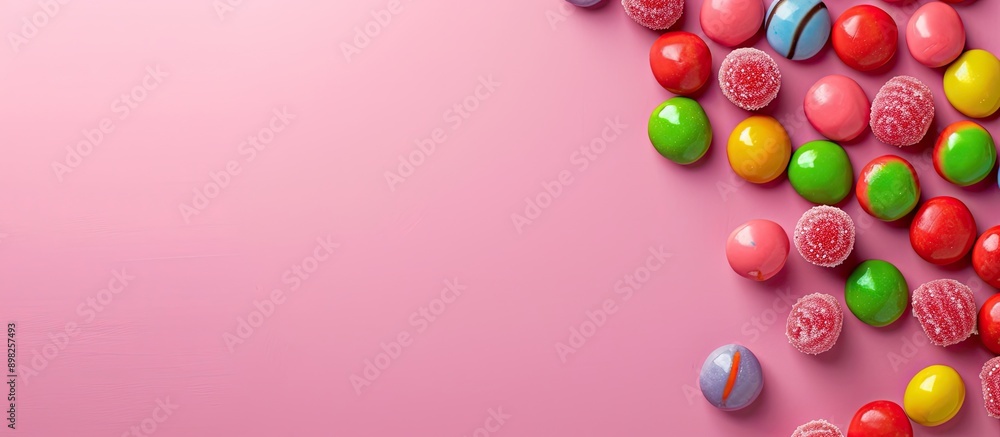 Poster vibrant candies displayed on a pink background with copy space image