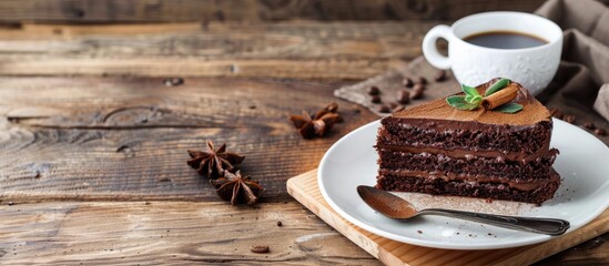 A delicious dessert of chocolate cake black coffee with spices served on a wooden table with a clear area for text or other images a copy space image