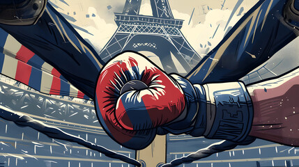 Boxing: An illustration of a boxer in the ring with the French flag on their gloves and the Eiffel Tower seen through the arena's roof on a grey background.



