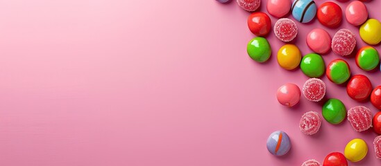 Vibrant candies displayed on a pink background with copy space image