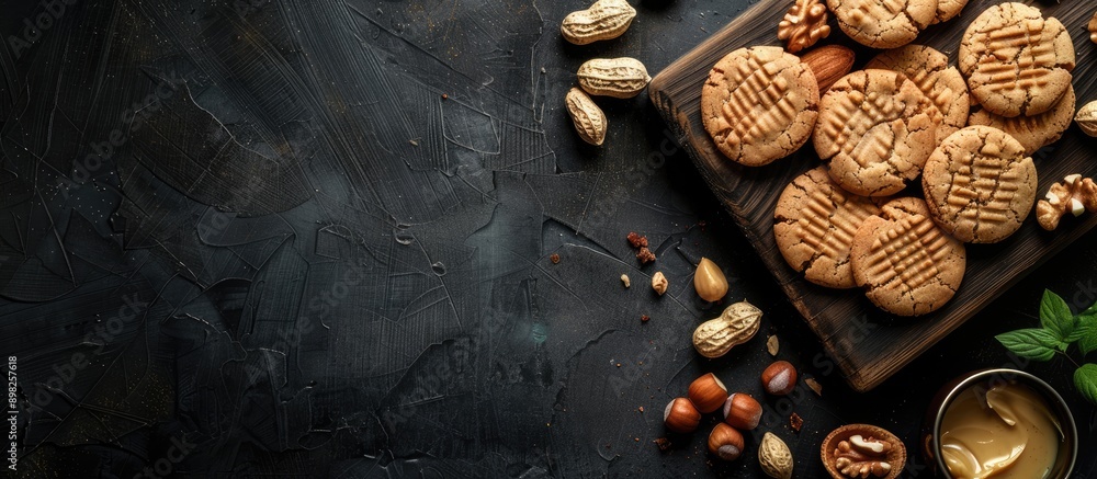 Fototapete black background for displaying a board of delicious peanut cookies and butter with copy space image