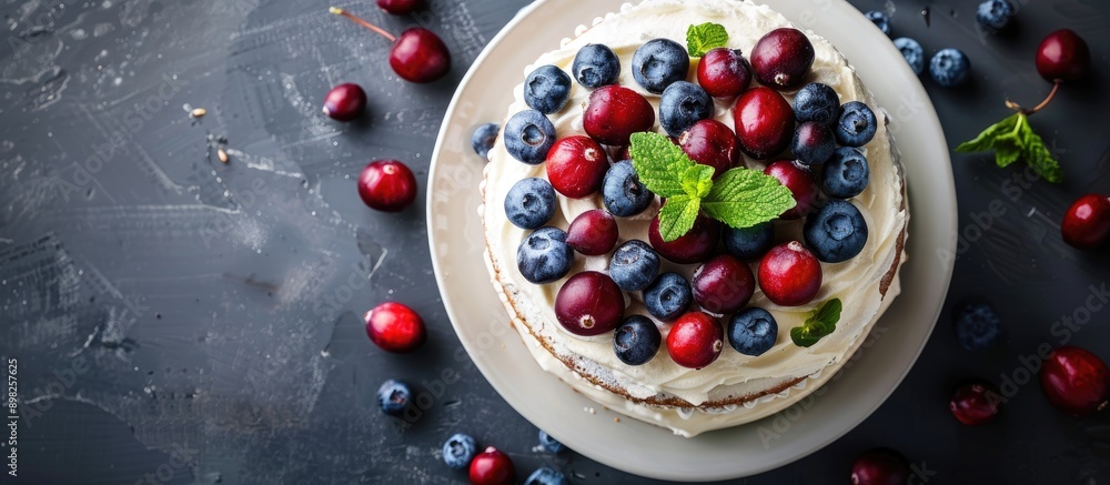 Poster flat lay image of a christmas cake adorned with blueberries cranberries and mint featuring ample cop