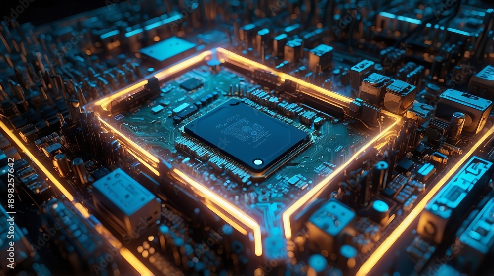 Poster illuminated cpu on circuit board - electronic components with glowing lights