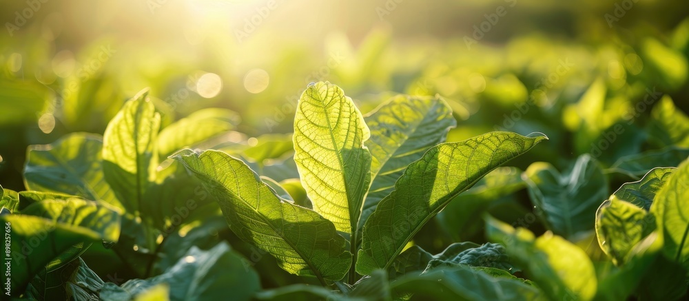 Poster close up view of tobacco bushes with vibrant green leaves illuminated by sunlight ideal for a copy s