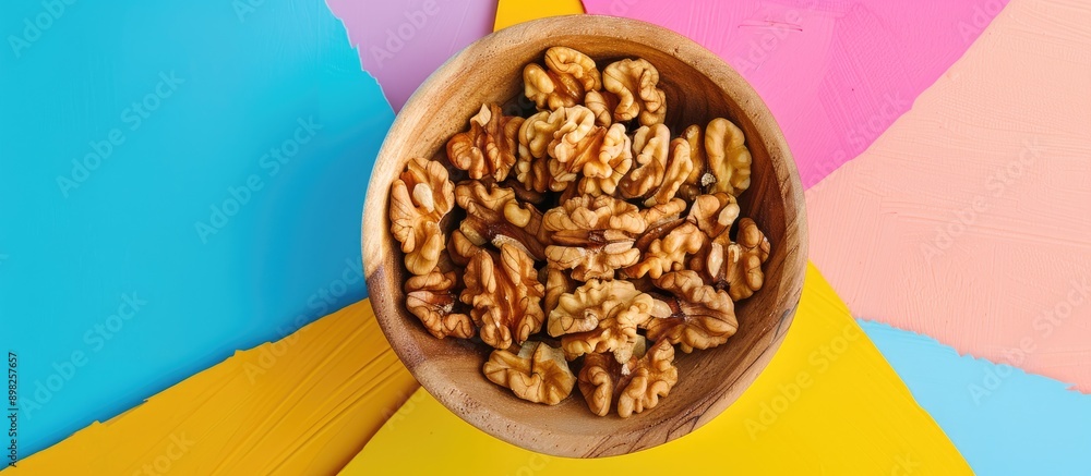 Poster close up top view of walnut kernel halves in a wooden bowl on a colorful background illustrates heal