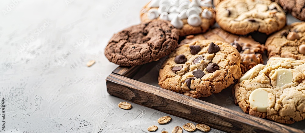 Aufkleber Assorted cookies including chocolate chip oatmeal raisin and white chocolate on a tray with copy space image