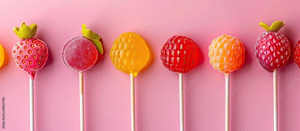 Poster colorful fruit shaped candy lollipops create an attractive display in a copy space image