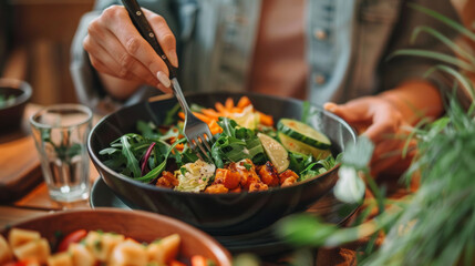 Close-up of a person enjoying a healthy salad with fork at a restaurant