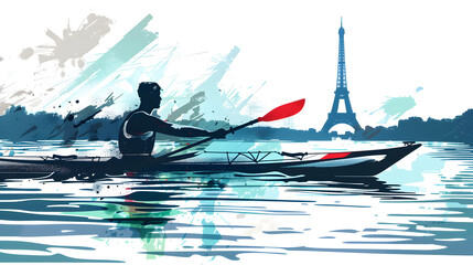 Canoe Sprint: An illustration of a paddler racing on calm water with the French flag on their boat and the Eiffel Tower on the horizon on a white background.


