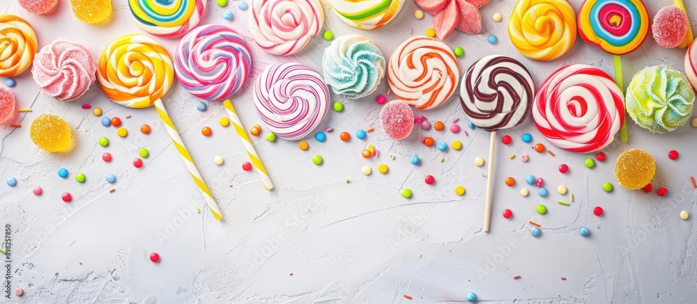 Aufkleber colorful lollipops and candies arranged in a top view composition perfect for adding your message in