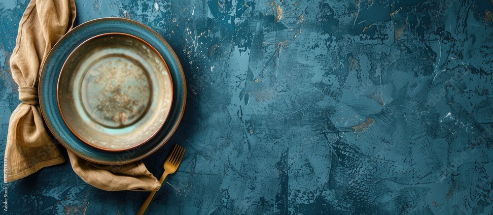 Leinwandbilder A blue concrete background showcases a table setting including a plate and napkin seen from a top down perspective ideal for a copy space image