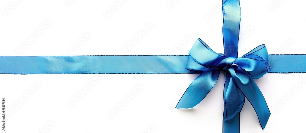 Poster blue gift bow and cross ribbon on white background with copy space image
