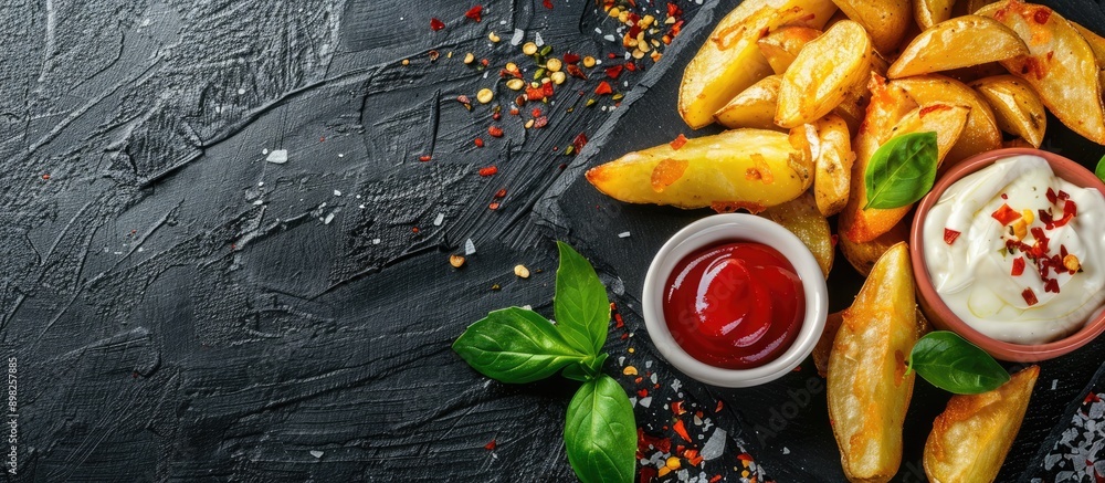 Poster classic american lunch or snack favorite featuring deep fried potatoes topped with cheese and pepper