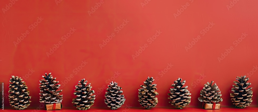 Poster christmas decorations featuring a line of tree cones and gift boxes on a red background with ample c
