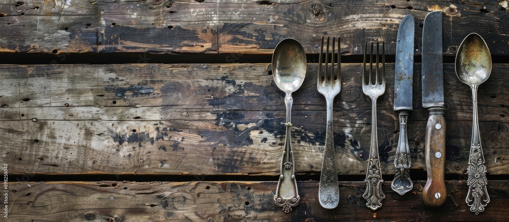 Aufkleber Cutlery items arranged on a rustic wooden table with a visible empty area suitable for adding a desired image. Creative banner. Copyspace image