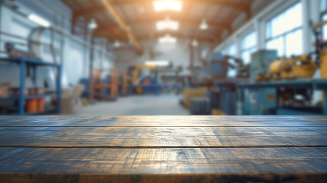 close up of empty wooden table with blurred industrial workshop factory background