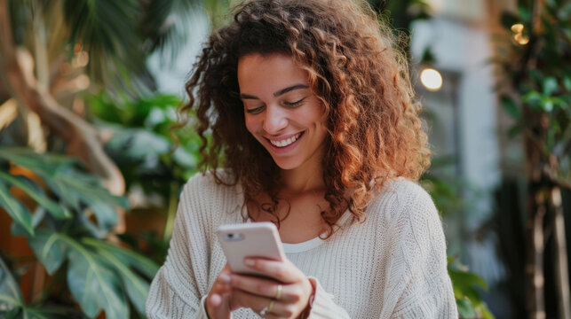 Woman sending money to a friend using a mobile app in a greenhouse