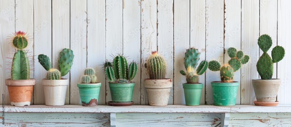 Aufkleber An array of green cacti in flowerpots decorates a shelf against a white wooden wall creating a charming display with copy space image