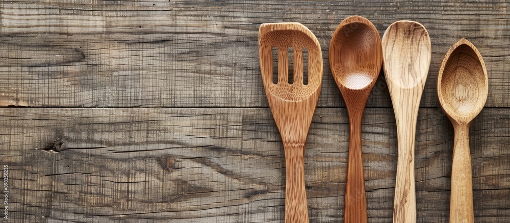 Poster Cooking utensils displayed on a table with a wooden spoon and fork in a flat lay allowing for a text overlay on the copy space image